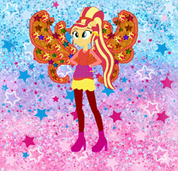 Size: 736x708 | Tagged: safe, artist:selenaede, artist:user15432, imported from derpibooru, sunset shimmer, fairy, human, equestria girls, alternate hairstyle, barely eqg related, base used, boots, clothes, cosmix, crossover, fairy wings, fairyized, fingerless gloves, gloves, gradient background, hand on hip, hands on hip, high heel boots, high heels, leggings, motorcross, orange dress, pink shoes, ponied up, ponytail, rainbow s.r.l, red wings, shoes, solo, stars, wings, winx, winx club, winxified