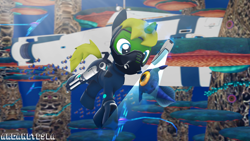 Size: 3840x2160 | Tagged: safe, artist:arcanetesla, imported from derpibooru, oc, oc only, oc:arcane tesla, fish, peeper (subnautica), pony, unicorn, 3d, blue eyes, crossover, cute, dive mask, diving, diving goggles, diving suit, giant mushroom, glowing, glowing horn, green coat, gun, horn, magic, mushroom, ocean, rifle, scanner, scanning, sfm pony, signature, solo, source filmmaker, stasis rifle, submarine, subnautica, tail, telekinesis, underwater, video game crossover, water, weapon, wetsuit, yellow mane, yellow tail