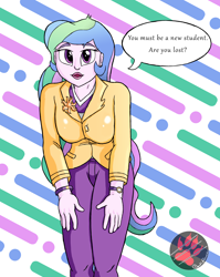 Size: 2500x3145 | Tagged: safe, artist:darkprinceismyname, imported from derpibooru, princess celestia, equestria girls, bracelet, brooch, cutie mark accessory, cutie mark brooch, jewelry, looking at you, principal celestia, speech bubble, talking to viewer, watch, wristwatch