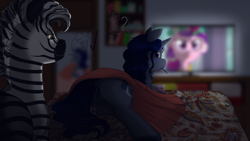 Size: 4820x2718 | Tagged: safe, artist:69beas, imported from derpibooru, screencap, oc, oc:gale thundercloud, oc:lucatiel, pony, unicorn, a canterlot wedding, bed, bedroom eyes, female, food, ice cream, looking back, lying down, male, mare, married couple, shipping, spoon, stallion, television, this day aria