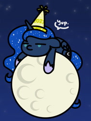 Size: 1350x1800 | Tagged: safe, artist:flutterluv, imported from derpibooru, princess luna, alicorn, pony, series:flutterluv's full moon, 2021, full moon, hat, moon, party hat, solo, tangible heavenly object, yup