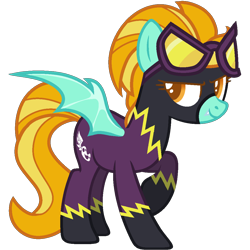 Size: 1100x1100 | Tagged: safe, artist:choisky13, artist:pegasski, imported from derpibooru, lightning dust, bat pony, pony, base used, bat ponified, clothes, costume, fangs, female, goggles, mare, race swap, raised hoof, shadowbolts, shadowbolts costume, simple background, smiling, smirk, solo, transparent background