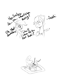 Size: 933x1191 | Tagged: safe, artist:alazak, imported from derpibooru, oc, oc:pearl, oc:smiley, oc:the fish, pony, dialogue, food, monochrome, ponies in food, ponies in sushi, sushi, sushi pony