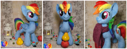 Size: 2560x1000 | Tagged: safe, artist:1stastrastudio, imported from derpibooru, rainbow dash, pony, apple, clothes, food, irl, pear, photo, plushie, scarf, solo