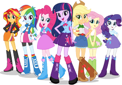 Size: 722x504 | Tagged: safe, artist:pascalmulokozi2, editor:pascalmulokozi2, imported from derpibooru, applejack, fluttershy, pinkie pie, rainbow dash, rarity, sci-twi, sunset shimmer, twilight sparkle, equestria girls, boots, clothes, compression shorts, cowboy hat, denim skirt, eyebrows, freckles, grin, hand on hip, hat, high heel boots, humane five, humane seven, humane six, leg warmers, miniskirt, open mouth, open smile, pleated skirt, septet, shoes, shorts, shorts under skirt, simple background, skirt, smiling, socks, stetson, the rainbooms, transparent background, vector