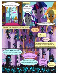 Size: 612x792 | Tagged: safe, artist:newbiespud, edit, edited screencap, imported from derpibooru, screencap, applejack, rarity, twilight sparkle, changeling, earth pony, pony, unicorn, comic:friendship is dragons, a canterlot wedding, season 2, bust, comic, dialogue, eyelashes, fangs, flying, hat, implied fluttershy, implied rainbow dash, indoors, outdoors, screencap comic, surprised, unicorn twilight, wide eyes, worried