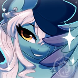 Size: 1000x1000 | Tagged: safe, artist:colorfulcolor233, artist:oofycolorful, imported from derpibooru, oc, oc only, oc:ice, pegasus, pony, bedroom eyes, bust, ear piercing, earring, hat, jewelry, one eye closed, piercing, solo, watermark, wink