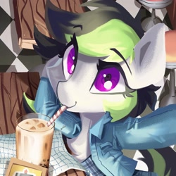 Size: 2502x2502 | Tagged: safe, artist:saxopi, imported from derpibooru, oc, oc only, oc:elli, earth pony, pony, bubble tea, clothes, diner, jacket, sipping, solo, straw