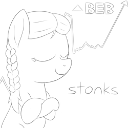 Size: 800x800 | Tagged: safe, artist:unsavorydom, imported from derpibooru, boysenberry, earth pony, pony, boysenbetes, crossed hooves, cute, eyes closed, female, filly, meme, monochrome, simple background, sitting, sketch, smiling, solo, stonks, white background