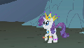 Size: 120x68 | Tagged: safe, imported from ponybooru, screencap, rarity, pony, unicorn, dragonshy, 16 bits, cave, crown, female, frightened, gem, gem cave, gemstones, jewelry, low quality, lowres, picture for breezies, pixelated, purple mane, raised hoof, regalia, solo, white coat