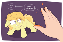Size: 2268x1538 | Tagged: safe, artist:shinodage, imported from ponybooru, noi, earth pony, human, pony, cheeto dust, dialogue, do not want, exclamation point, female, filly, hand, imminent non-consensual petting, offscreen character, solo focus