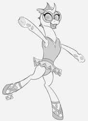 Size: 4000x5500 | Tagged: safe, artist:evan555alpha, imported from ponybooru, oc, oc only, oc:yvette (evan555alpha), changeling, balancing, ballerina, ballet, ballet slippers, changeling oc, clothes, dancing, dorsal fin, evan's daily buggo, fangs, female, glasses, happy, hidden tail, leotard, monochrome, on one hoof, on one leg, open mouth, ponybooru exclusive, raised hoof, round glasses, signature, simple background, sketch, solo, tongue out, tutu, underhoof, white background