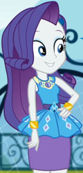Size: 981x2045 | Tagged: safe, imported from derpibooru, screencap, rarity, equestria girls, equestria girls series, sock it to me, spoiler:eqg series (season 2), canterlot high, clothes, cropped, cute, diamond, dress, female, geode of shielding, gold, hand on hip, jewelry, legs, magical geodes, makeup, necklace, outdoors, pencil skirt, raribetes, rarity peplum dress, sleeveless, smiling, soccer field, sock it to me: rarity, waistband, wrist cuffs
