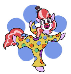 Size: 563x584 | Tagged: safe, artist:jargon scott, imported from ponybooru, oc, oc only, oc:clown pony, earth pony, pony, clown, clown makeup, clown nose, female, hat, mare, simple background, solo, standing, standing on one leg, top hat, white background