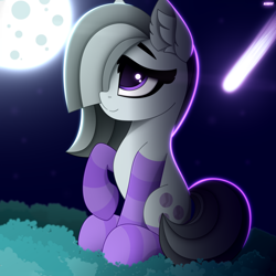 Size: 1920x1920 | Tagged: safe, artist:alexbefest, imported from derpibooru, marble pie, earth pony, pony, clothes, ear fluff, female, mare, moon, night, raised hoof, sitting, smiling, socks, solo, striped socks