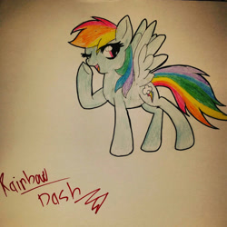 Size: 1920x1920 | Tagged: safe, artist:juliet-gwolf18, imported from derpibooru, rainbow dash, pegasus, pony, eyelashes, female, mare, one eye closed, open mouth, signature, smiling, solo, traditional art, underhoof, wings, wink