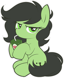 Size: 847x1029 | Tagged: safe, artist:shinodage, imported from ponybooru, oc, oc only, oc:filly anon, earth pony, pony, annoyed, drinking, female, filly, juice, juice box, looking at you, simple background, solo, transparent background, white outline