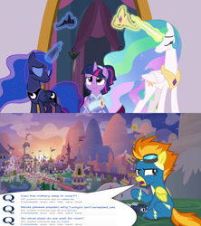 Size: 1280x1440 | Tagged: safe, imported from ponybooru, princess celestia, princess luna, spitfire, twilight sparkle, the last problem, conspiracy theory, qanon, satire