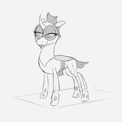 Size: 4000x4000 | Tagged: safe, artist:evan555alpha, imported from ponybooru, oc, oc only, oc:yvette (evan555alpha), changeling, changeling oc, dorsal fin, evan's daily buggo, fangs, female, forked tongue, glasses, lidded eyes, ponybooru exclusive, raised eyebrow, round glasses, signature, simple background, sketch, smug, solo, standing, thinking, tongue out, white background
