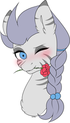 Size: 2521x4454 | Tagged: safe, artist:torihime, imported from ponybooru, oc, oc only, oc:zerstörer, oc:zulu, griffon, hippogriff, original species, zebra, zebragriff, blushing, braid, braided ponytail, bust, cute, flower, male, no source available, one eye closed, rose, simple background, solo, white background, wink, winking at you, zerb