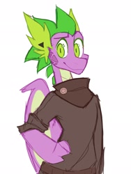 Size: 1536x2048 | Tagged: safe, artist:hiccupsdoesart, imported from ponybooru, spike, dragon, alternate design, clothes, older, older spike, simple background, solo, white background