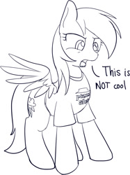 Size: 717x957 | Tagged: artist needed, source needed, safe, rainbow dash, pegasus, pony, clothes, dialogue, female, mare, monochrome, open mouth, shirt, solo, spread wings, wings