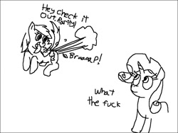 Size: 800x600 | Tagged: safe, artist:anonymous, rainbow dash, rarity, pegasus, pony, unicorn, brap, dialogue, fart, female, flying, horn, mare, open mouth, sketch, smiling, wings, wtf