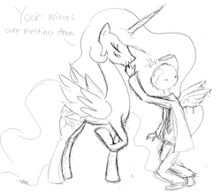 Size: 1948x1687 | Tagged: safe, artist:notawriteranon, princess celestia, oc, oc:anon, alicorn, human, pony, blushing, dialogue, eyes closed, female, halo, horn, mare, melting, monochrome, raised hoof, sketch, smiling, spread wings, wings