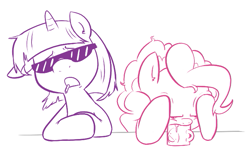 Size: 697x423 | Tagged: artist needed, source needed, safe, pinkie pie, twilight sparkle, earth pony, pony, unicorn, cigarette, duo, female, glasses, hangover, horn, mare, messy mane, mug, open mouth, sunglasses