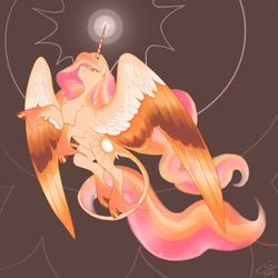Size: 2000x2000 | Tagged: safe, artist:creeate97, imported from derpibooru, princess celestia, alicorn, pony, alternate design, colored wings, flying, leonine tail, long mane, long tail, multicolored hair, multicolored wings, solo, unshorn fetlocks, wings