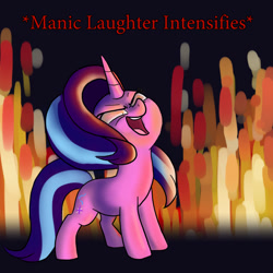 Size: 900x900 | Tagged: safe, artist:slamjam, imported from derpibooru, starlight glimmer, pony, unicorn, female, fire, laughing, maniacal laugh, pure unfiltered evil, solo, text