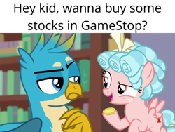 Size: 1024x768 | Tagged: safe, artist:thesharp0ne, edit, edited screencap, imported from derpibooru, screencap, cozy glow, gallus, griffon, pegasus, pony, putting your hoof down, what lies beneath, bits, bookshelf, bow, coin, current events, dialogue, duo, female, filly, foal, gallus is not amused, gamestop, hair bow, male, money, object, resource, stock market, unamused