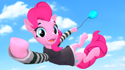 Size: 3840x2160 | Tagged: safe, artist:owlpirate, imported from derpibooru, pinkie pie, earth pony, semi-anthro, 3d, balloon, clothes, cloud, cute, diapinkes, female, floating, looking at you, open mouth, smiling, smiling at you, solo, then watch her balloons lift her up to the sky