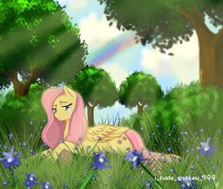 Size: 736x625 | Tagged: safe, artist:i_hate_snakeu_799, imported from derpibooru, fluttershy, pegasus, pony, cloud, crepuscular rays, female, flower, folded wings, grass, looking at you, lying down, mare, outdoors, prone, sad, solo, teary eyes, tree, wings