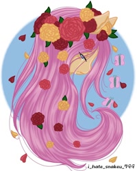 Size: 736x920 | Tagged: safe, artist:i_hate_snakeu_799, imported from derpibooru, fluttershy, pegasus, pony, bust, female, floral head wreath, flower, mare, petals, rose, solo