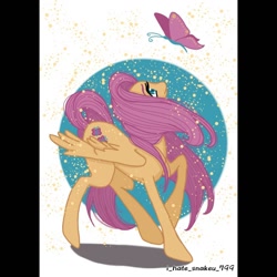 Size: 1080x1080 | Tagged: safe, artist:i_hate_snakeu_799, imported from derpibooru, fluttershy, butterfly, pegasus, pony, abstract background, eyelashes, female, looking up, mare, raised hoof, solo