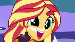 Size: 1280x720 | Tagged: safe, edit, edited screencap, imported from derpibooru, screencap, sunset shimmer, equestria girls, equestria girls series, wake up!, spoiler:eqg series (season 2), cocaine, cocaine is a hell of a drug, dilated pupils, drug use, drugs, happy, sugar rush, sunset stoner, wake up!: pinkie pie