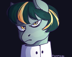 Size: 904x718 | Tagged: safe, artist:pigeorgien, imported from derpibooru, oc, oc only, oc:uranium fever, pegasus, pony, angry, bust, clothes, female, looking at you, mare, portrait, solo, suit