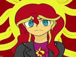 Size: 1080x810 | Tagged: safe, artist:satrinity_starnaly, imported from derpibooru, sunset shimmer, equestria girls, bust, clothes, cutie mark, cutie mark on clothes, female, frown, jacket, solo