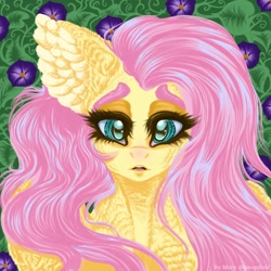 Size: 1321x1322 | Tagged: safe, artist:maryhoovesfield, imported from derpibooru, fluttershy, pegasus, pony, bust, cute, ear fluff, eyelashes, female, flower, mare, shyabetes, solo, wings