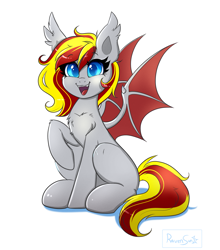 Size: 1731x1965 | Tagged: source needed, safe, artist:confetticakez, imported from derpibooru, oc, oc only, oc:erie lackawanna, bat pony, pony, bat pony oc, happy, looking at you, simple background, solo, white background