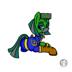 Size: 1500x1500 | Tagged: safe, artist:dice-warwick, imported from derpibooru, oc, oc only, oc:temboril tablature, original species, pony, fallout equestria, fallout equestria: dance of the orthrus, bedroom eyes, boots, clothes, fallout equestria: scout sizzle cymbal, fanfic art, female, goggles, horn, jumpsuit, mare, mirage pony, raised tail, shoes, small horn, small wings, solo, stripes, tail, wings