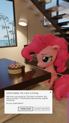 Size: 2160x3840 | Tagged: safe, artist:extremespeed slowpoke, imported from derpibooru, pinkie pie, earth pony, pony, 3d, birthday cake, blender, cake, female, floppy ears, food, mare, sad, solo