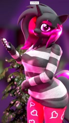 Size: 1080x1920 | Tagged: safe, artist:vyprae, imported from derpibooru, oc, oc only, oc:philomena, anthro, unicorn, 3d, bedroom eyes, breasts, cellphone, christmas, christmas tree, clothes, female, holiday, horn, looking at you, phone, pose, smartphone, smiling, solo, solo female, source filmmaker, tail, tree