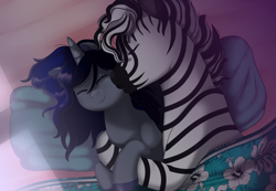 Size: 4200x2900 | Tagged: safe, artist:69beas, imported from derpibooru, oc, oc:gale thundercloud, oc:lucatiel, pony, unicorn, zebra, bed, couple, female, lying down, male, mare, married couple, morning, shipping, smiling, stallion, waking up