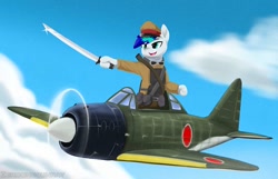 Size: 900x580 | Tagged: safe, artist:zeroonesunray, imported from derpibooru, oc, oc only, oc:thunder blue, pony, imperial japan, japan, katana, mitsubishi a6m zero, plane, solo, sword, weapon