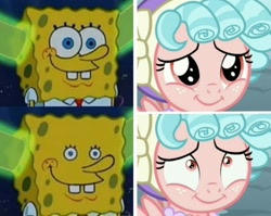 Size: 1211x966 | Tagged: safe, edit, imported from derpibooru, screencap, cozy glow, pegasus, frenemies (episode), and stop staring at me with them big old eyes, comparison, cozy glow is best facemaker, cozybetes, cute, spongebob squarepants, spongebob squarepants (character), your shoe's untied