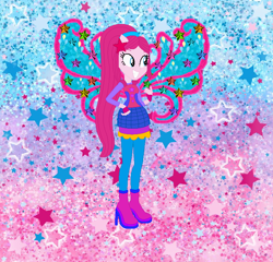 Size: 736x708 | Tagged: safe, artist:selenaede, artist:user15432, imported from derpibooru, pinkie pie, fairy, human, equestria girls, alternate hairstyle, barely eqg related, base used, boots, clothes, cosmix, crossover, fairy wings, fairyized, fingerless gloves, gloves, gradient background, high heel boots, high heels, leggings, pink dress, pink shoes, pink wings, ponied up, ponytail, rainbow s.r.l, shoes, solo, stars, wings, winx, winx club, winxified