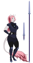 Size: 2046x3857 | Tagged: safe, artist:askbubblelee, imported from derpibooru, oc, oc only, oc:rosie quartz, anthro, unguligrade anthro, unicorn, anthro oc, blaze (coat marking), breasts, clothes, coat markings, curved horn, dagger, digital art, facial markings, female, horn, mare, royal guard, simple background, smiling, snip (coat marking), solo, spear, unicorn oc, weapon, white background