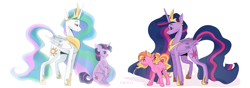 Size: 5705x2000 | Tagged: safe, artist:1rostil0ve, imported from derpibooru, luster dawn, princess celestia, twilight sparkle, alicorn, pony, unicorn, the last problem, absurd resolution, crown, cutie mark, ethereal mane, female, full circle, high res, hoof shoes, jewelry, looking at each other, mare, peytral, princess twilight 2.0, regalia, signature, simple background, smiling, starry mane, time paradox, twilight sparkle (alicorn), unicorn twilight, white background